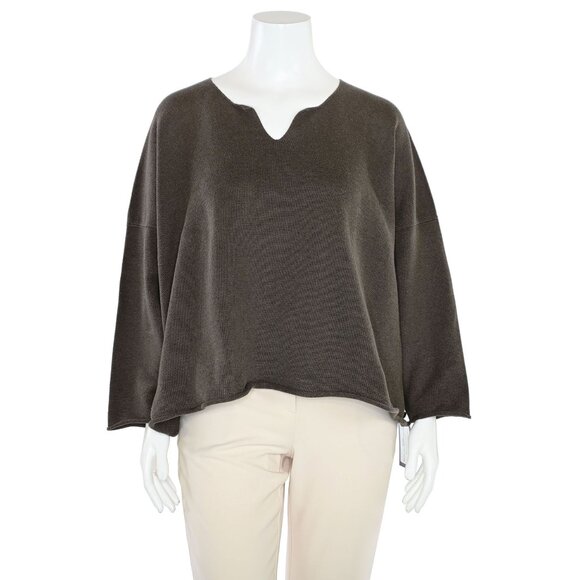 Eskandar Split Neck Box Cut 100% Cotton Knit Sweater in Mocha sz 1SZ
